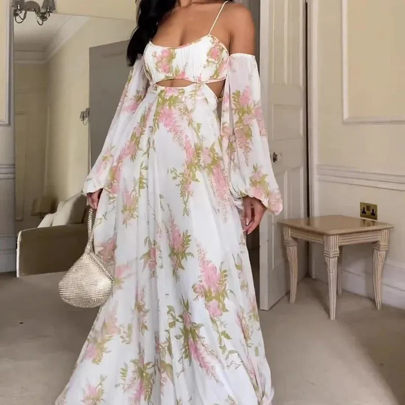 Floriane: Enchanting Spaghetti Strap Hollow-Out Maxi Dress