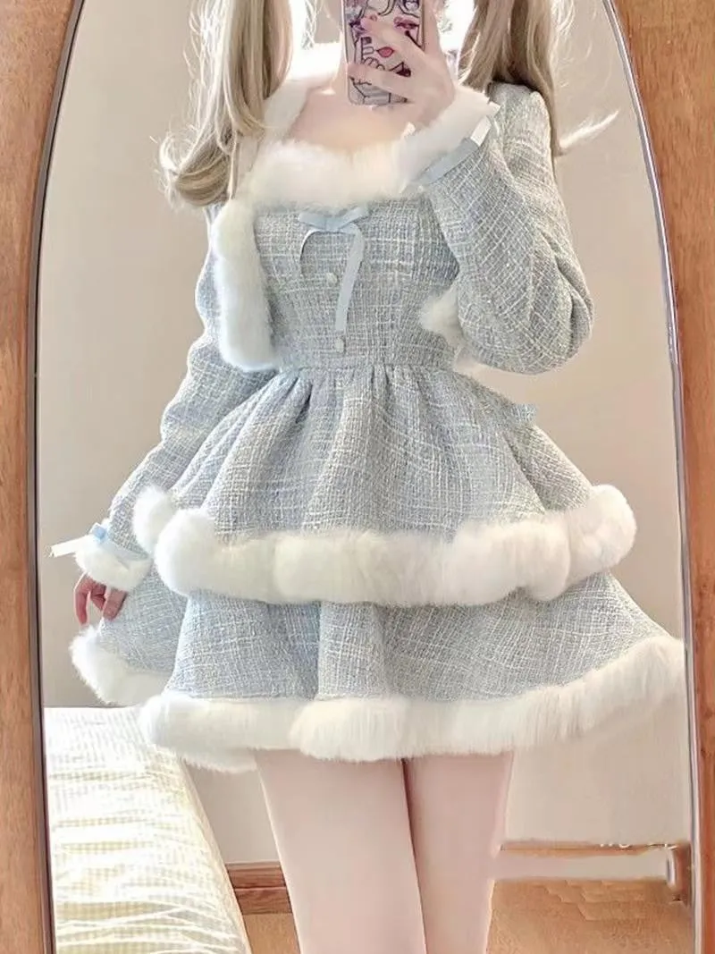Flytonn- Fur-Trimmed Tiered Dress & Coat Set