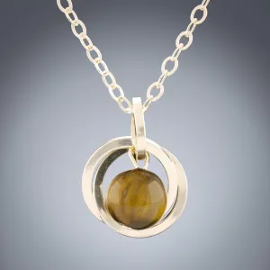 Genuine 8MM Tiger Eye Gemstone Pendant Necklace Handcrafted in 14K Yellow Gold Fill