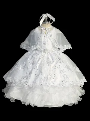 Girls White Off Shoulder 2 Pcs Baptism Gown with Sequin and Mary Embroidery, Sizes 0-6