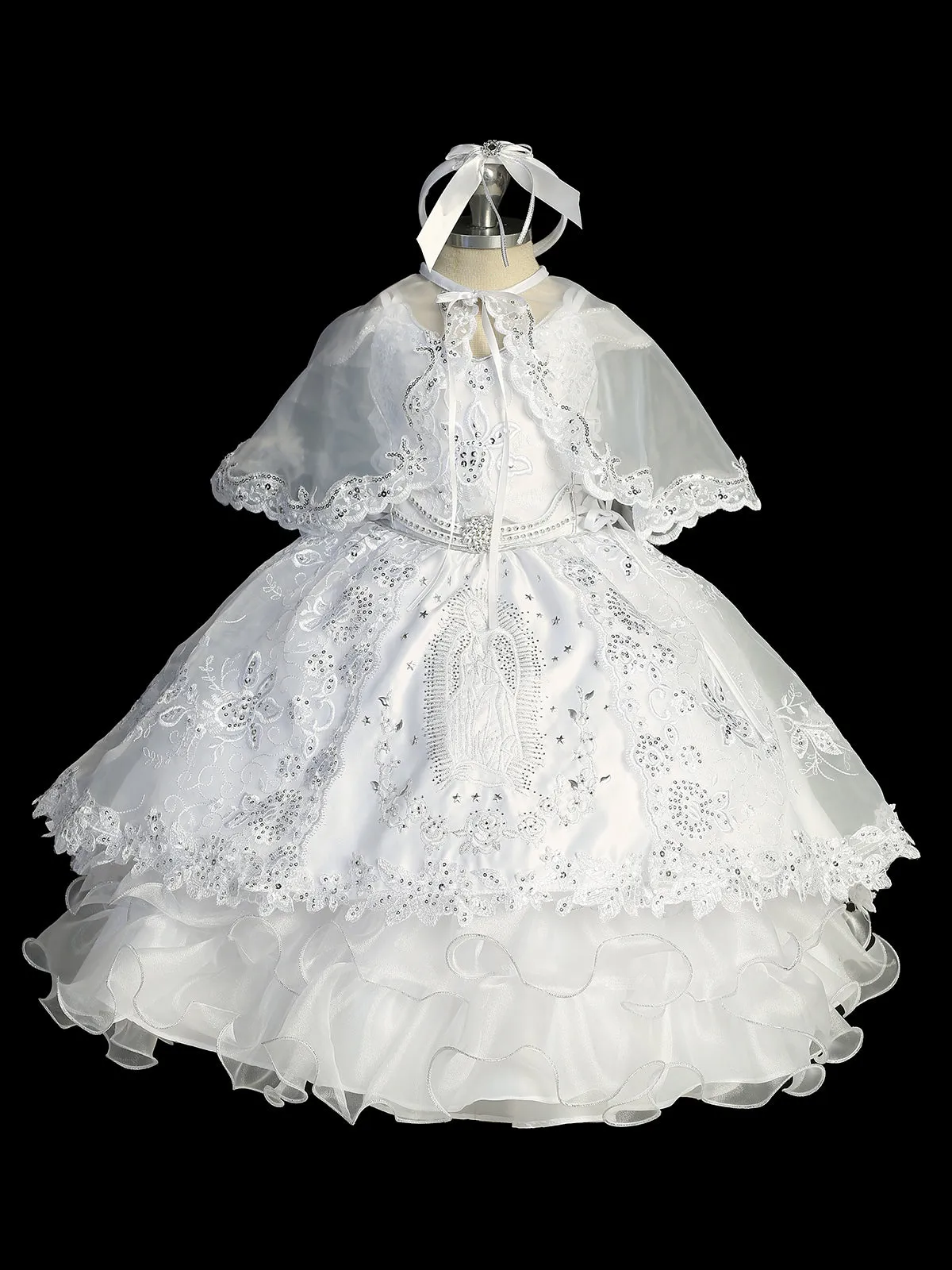 Girls White Off Shoulder 2 Pcs Baptism Gown with Sequin and Mary Embroidery, Sizes 0-6