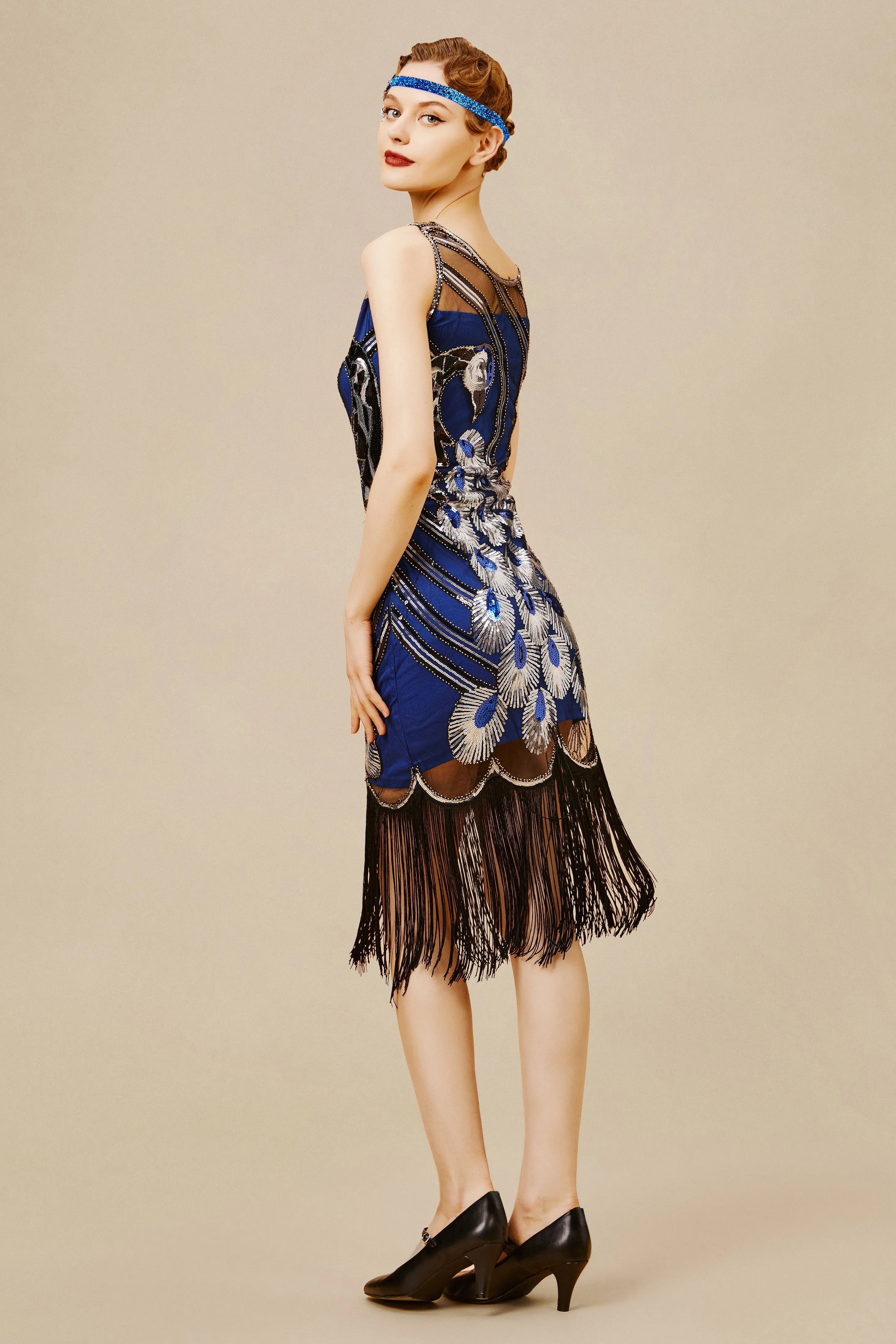 Glitter Sequin Peacock Scoop Neck Dress
