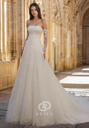 Gorgeous A-Line Off-Shoulder Long Sleeves Floral Appliques Lace Wedding Dress