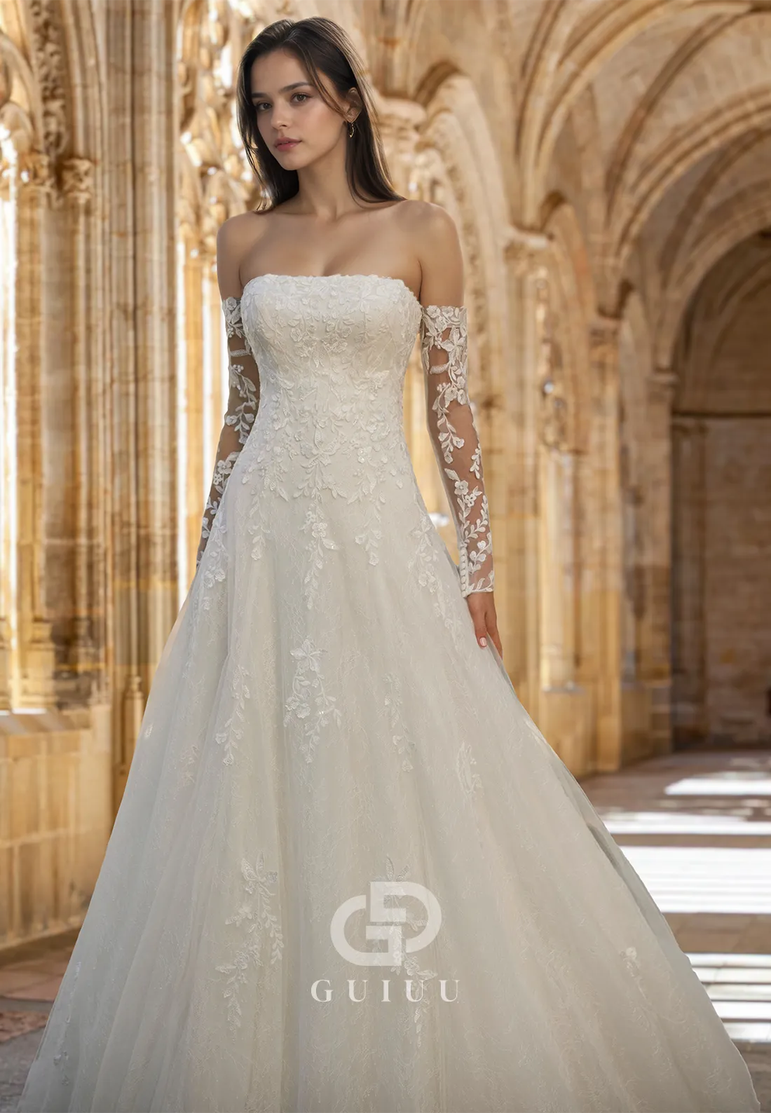 Gorgeous A-Line Off-Shoulder Long Sleeves Floral Appliques Lace Wedding Dress