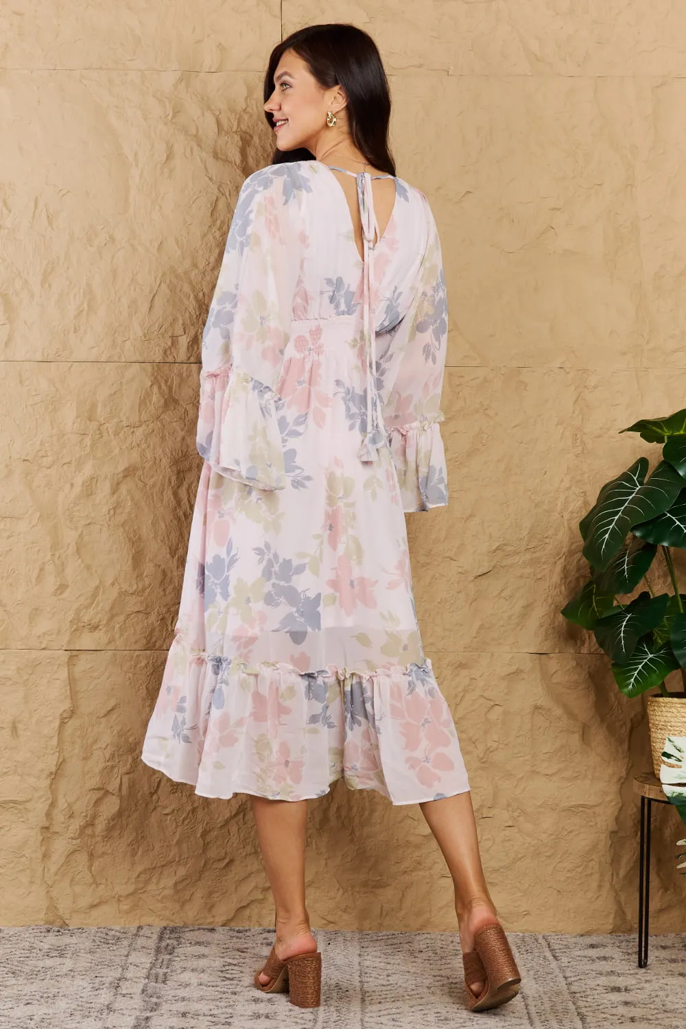 Gorgeous Floral Bell Sleeve Resort Midi Dress in Coral