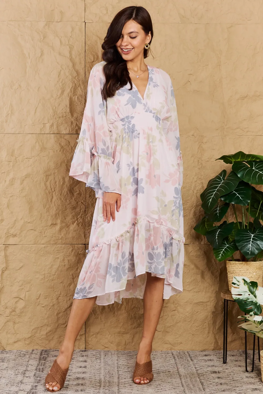 Gorgeous Floral Bell Sleeve Resort Midi Dress in Coral