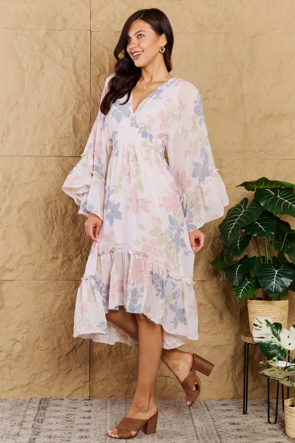 Gorgeous Floral Bell Sleeve Resort Midi Dress in Coral