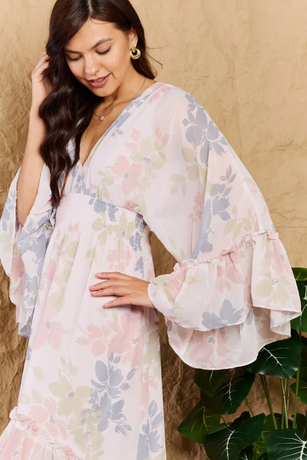 Gorgeous Floral Bell Sleeve Resort Midi Dress in Coral