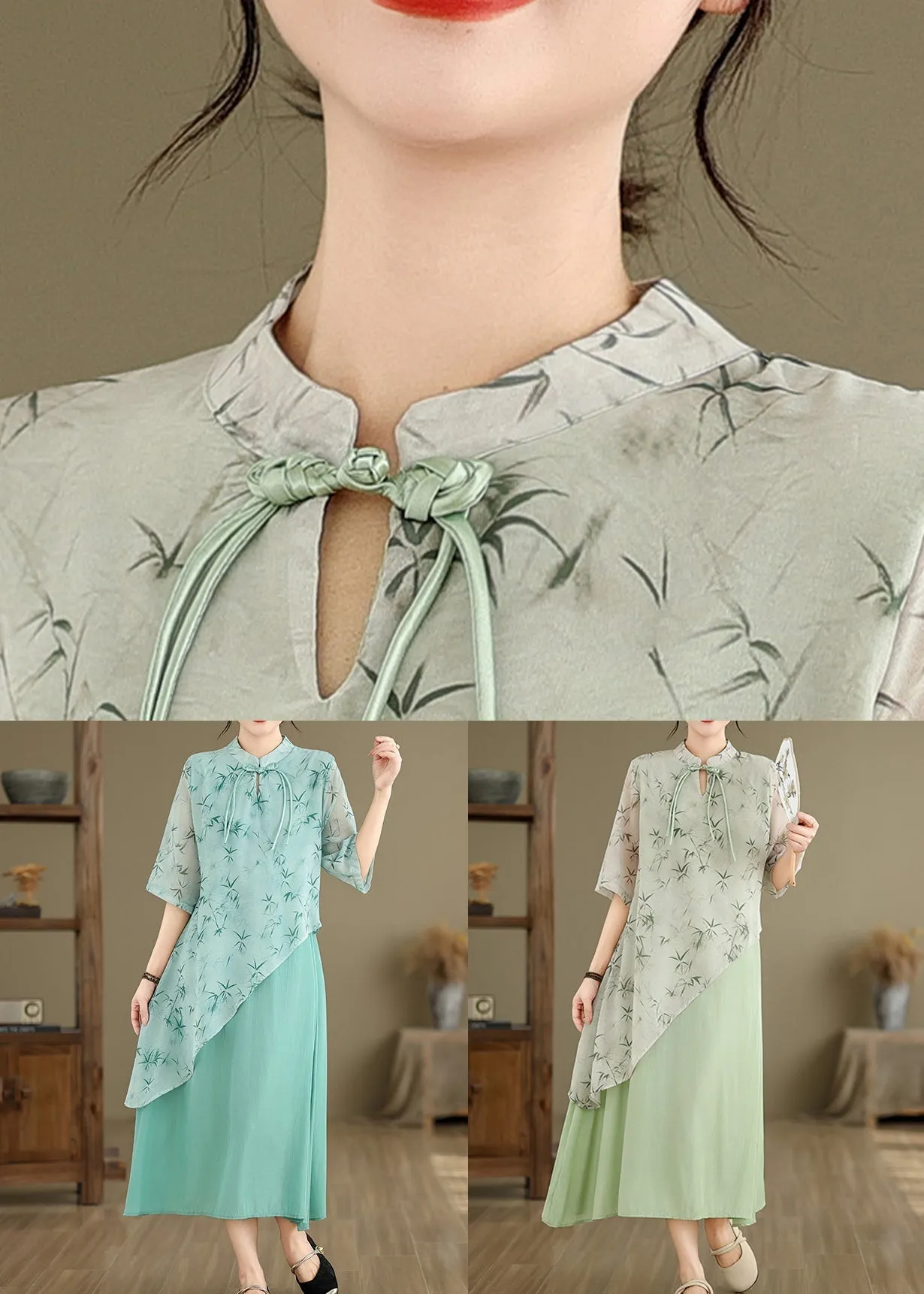 Green Print False Two Pieces Cotton Dresses Stand Collar Summer JH050