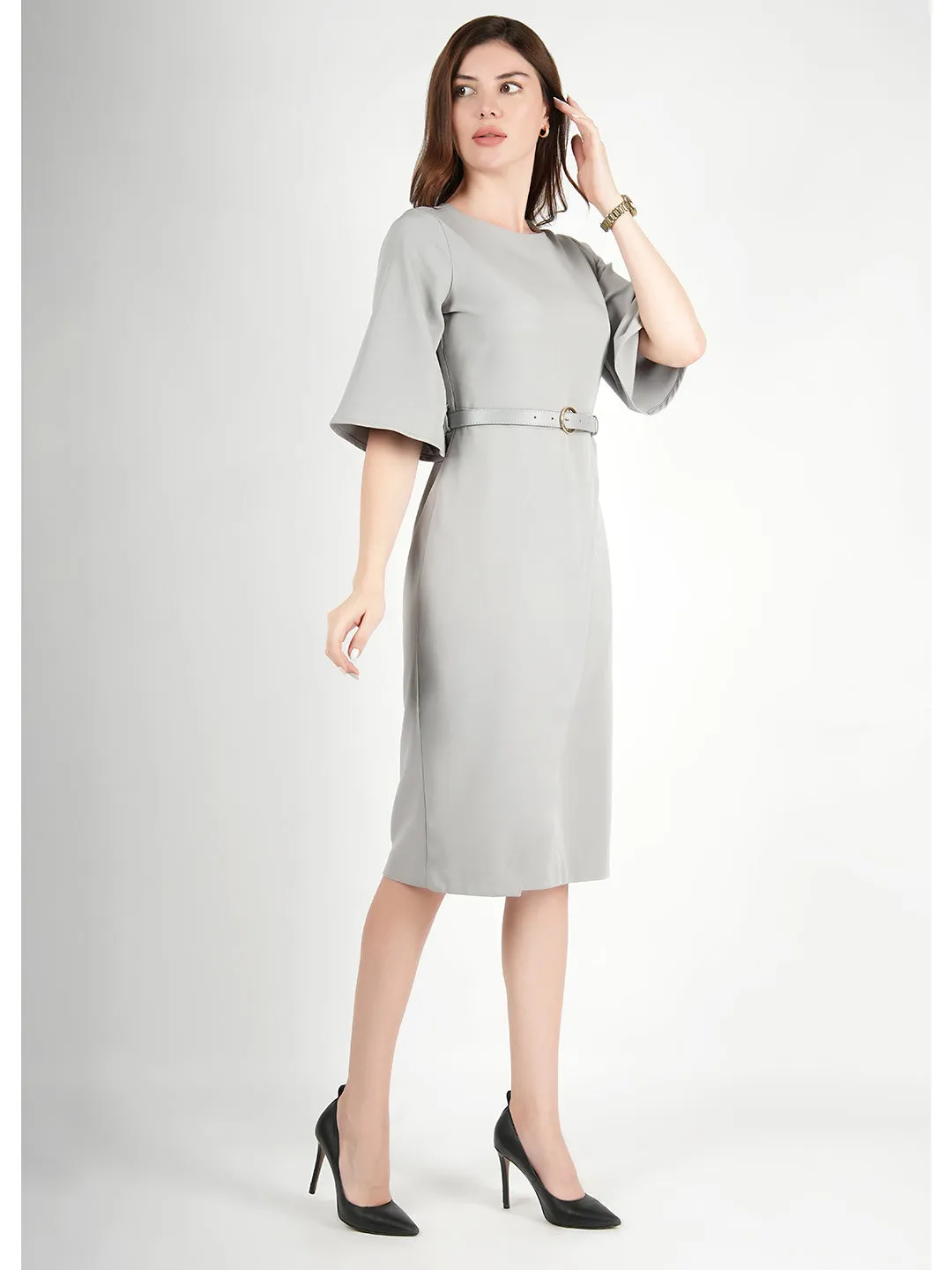 Grey Blended Fabric Bliss Bell Sleeve Dress With Belt