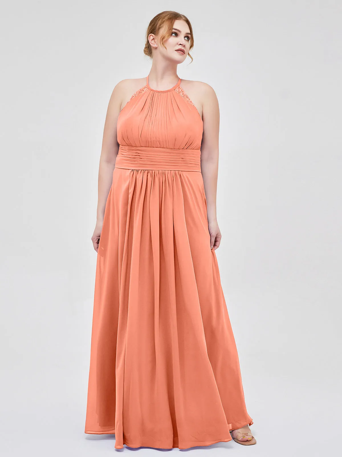 Halter Chiffon Long Gown With Lace Strap Sunset