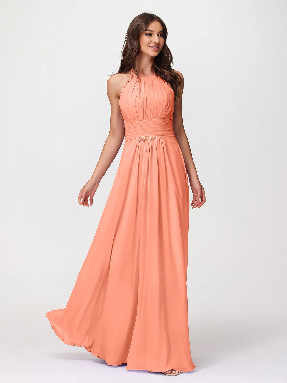 Halter Chiffon Long Gown With Lace Strap Sunset