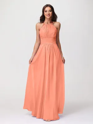 Halter Chiffon Long Gown With Lace Strap Sunset