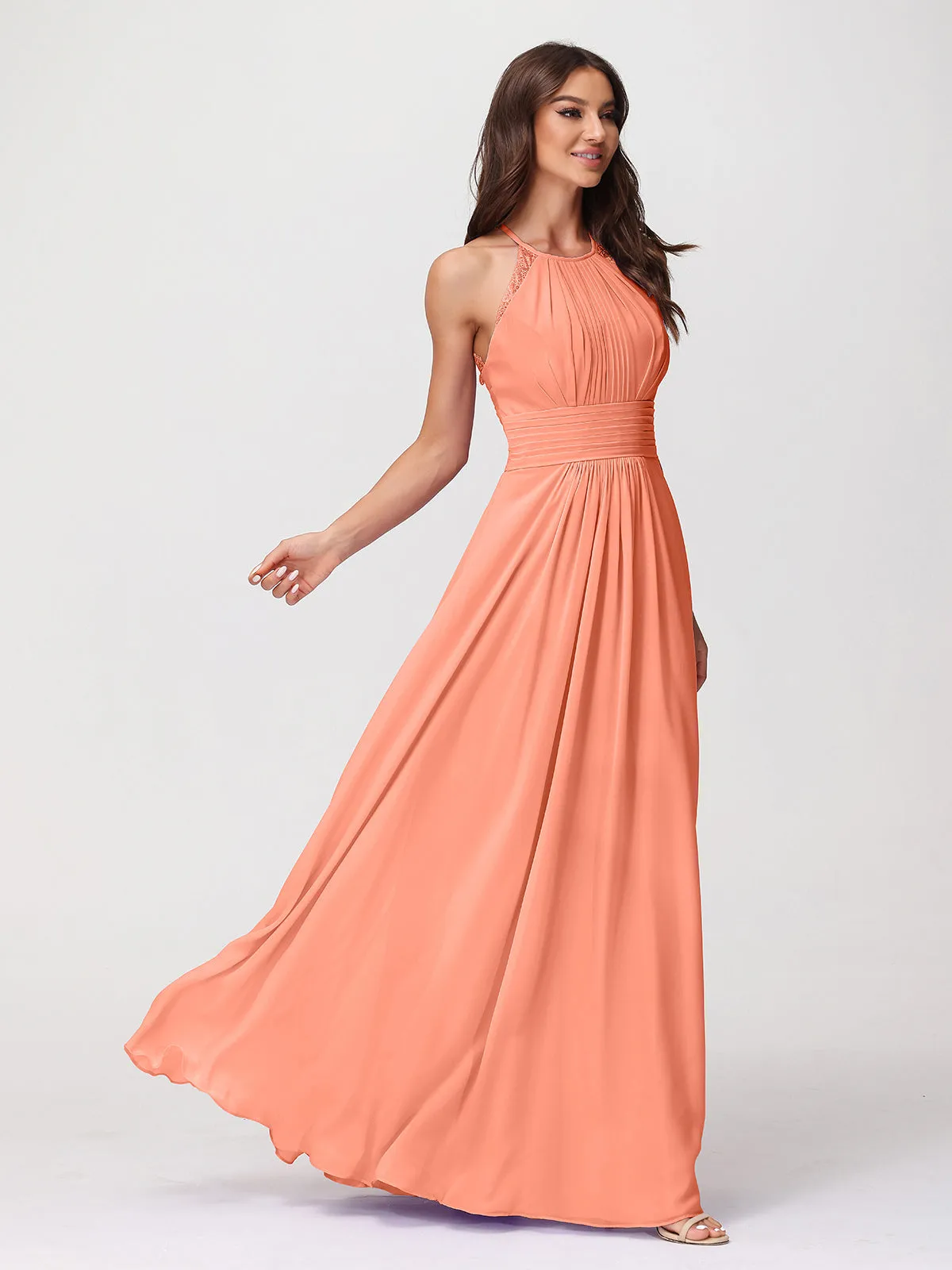 Halter Chiffon Long Gown With Lace Strap Sunset