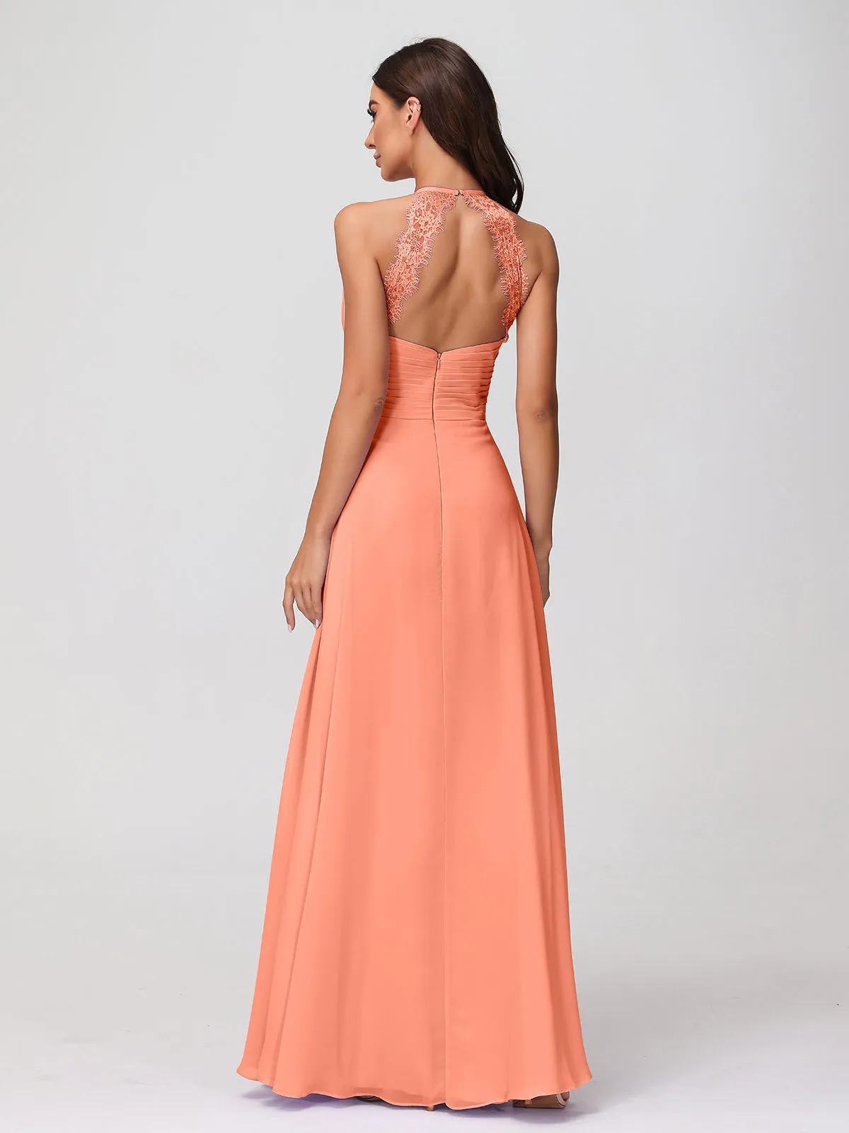 Halter Chiffon Long Gown With Lace Strap Sunset