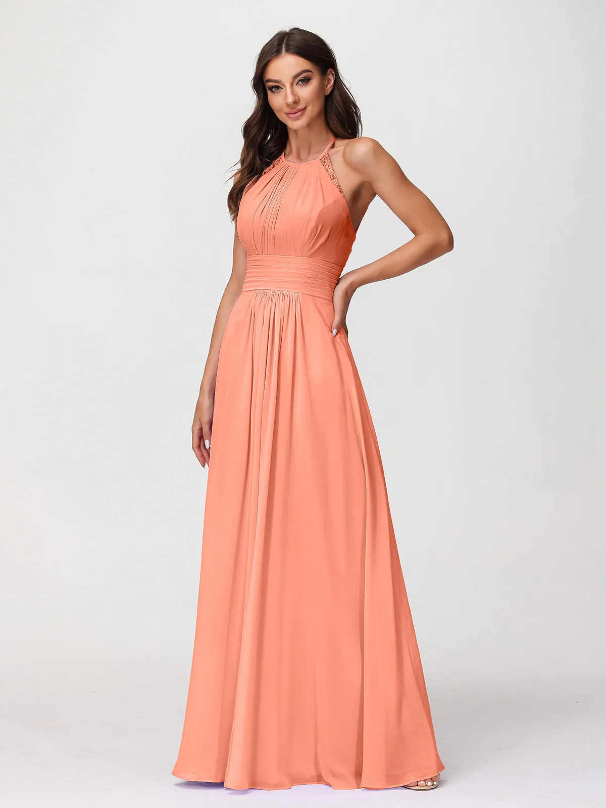 Halter Chiffon Long Gown With Lace Strap Sunset