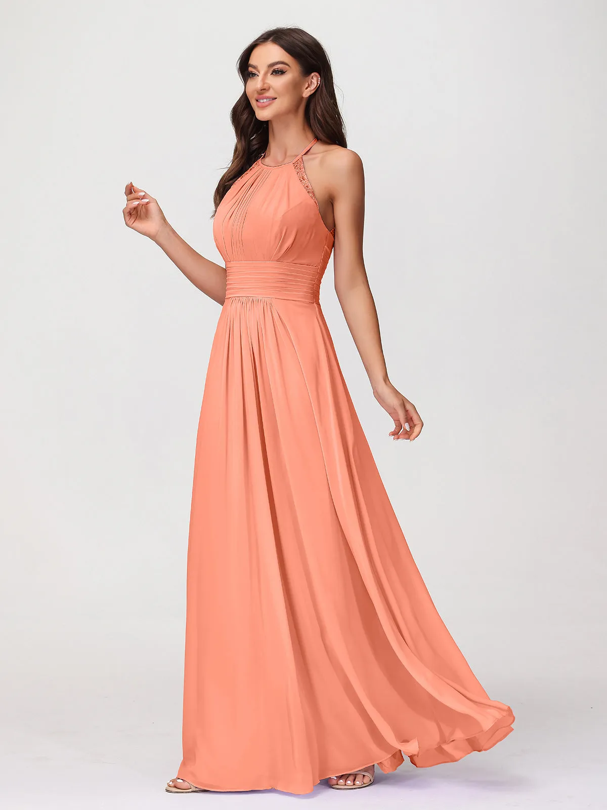 Halter Chiffon Long Gown With Lace Strap Sunset