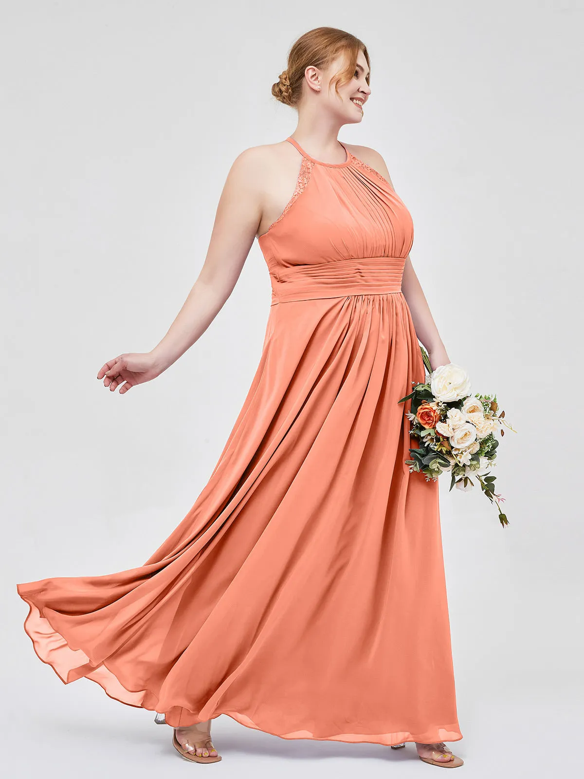 Halter Chiffon Long Gown With Lace Strap Sunset