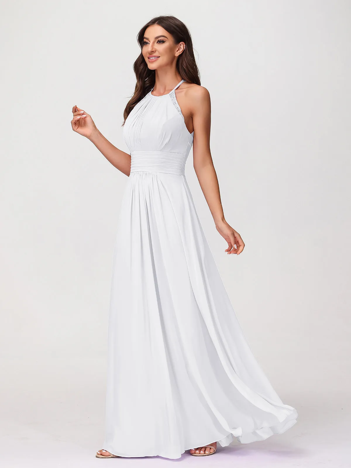 Halter Chiffon Long Gown With Lace Strap White
