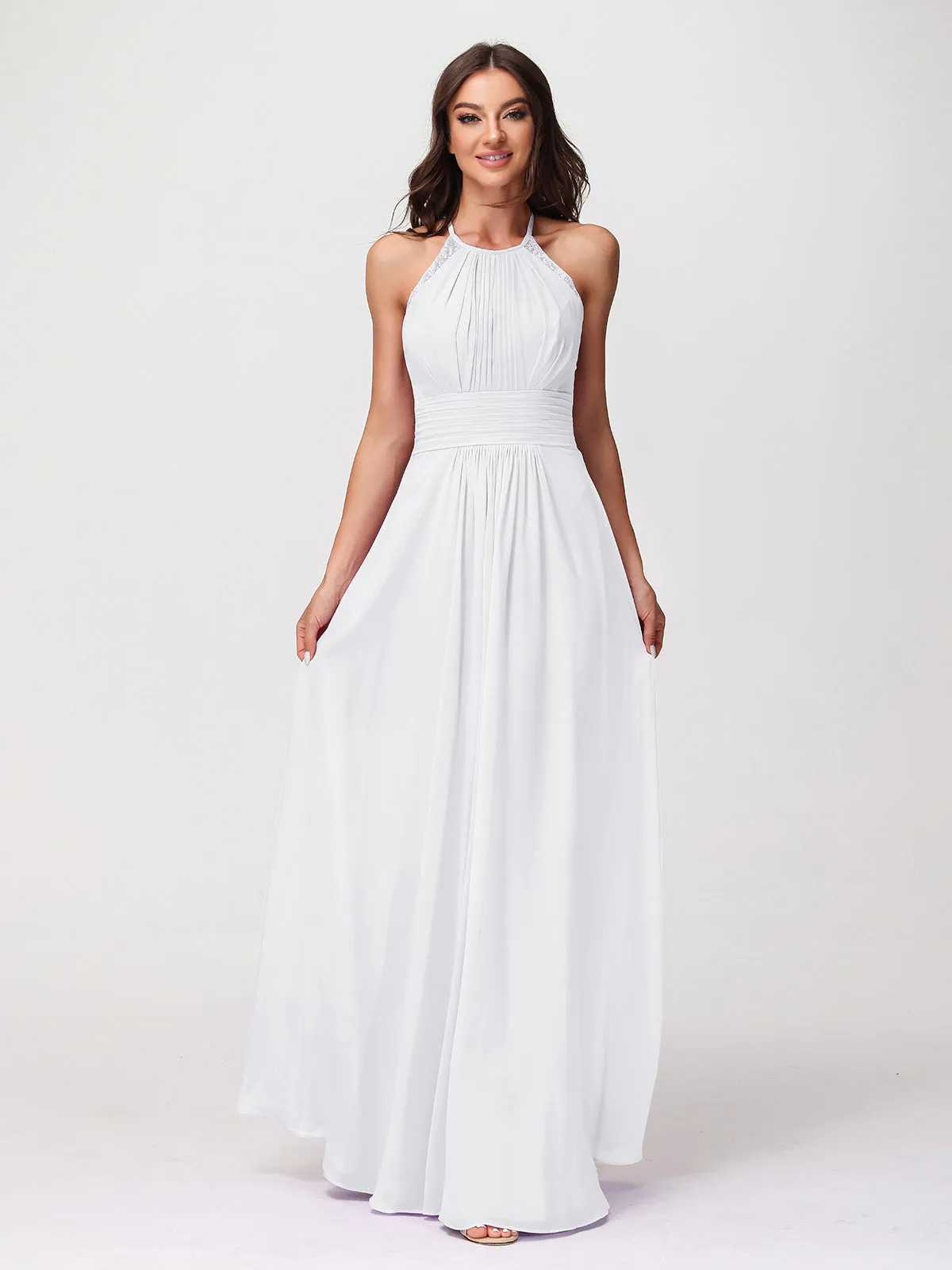 Halter Chiffon Long Gown With Lace Strap White