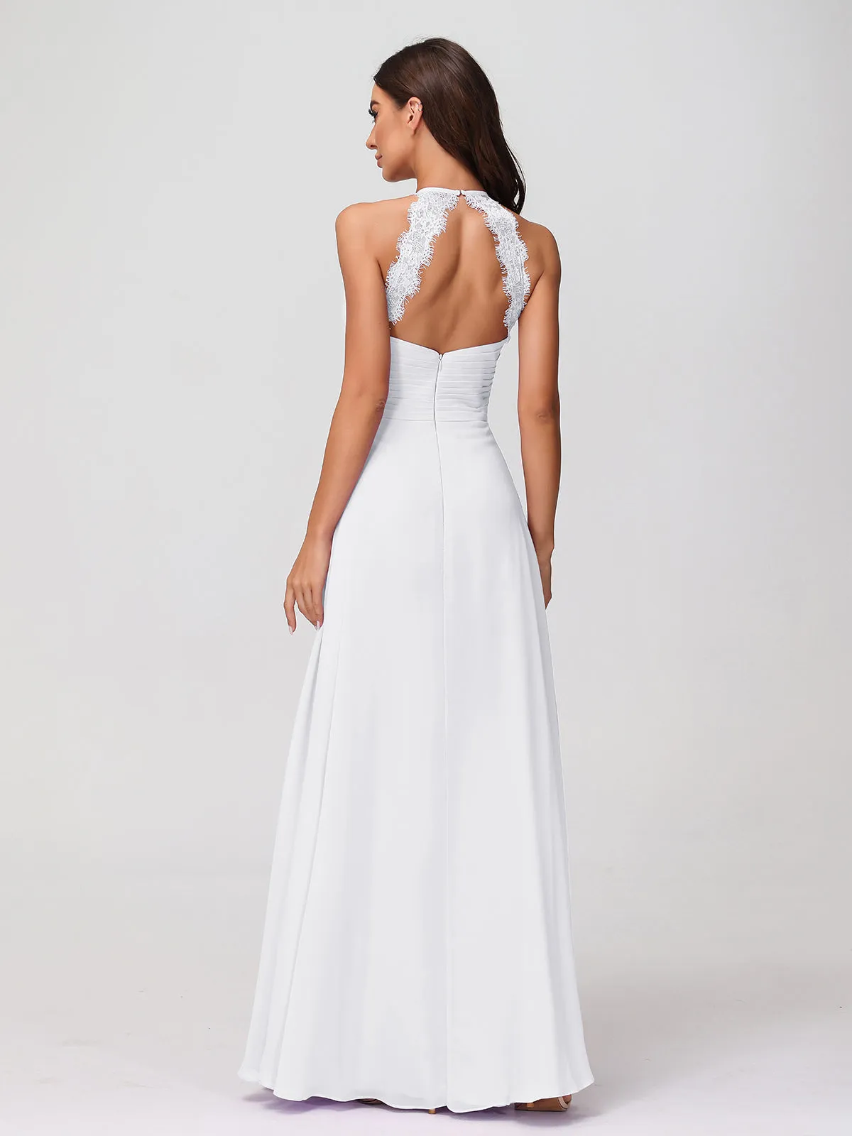 Halter Chiffon Long Gown With Lace Strap White