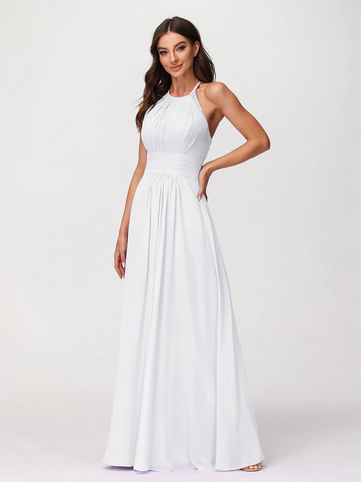 Halter Chiffon Long Gown With Lace Strap White