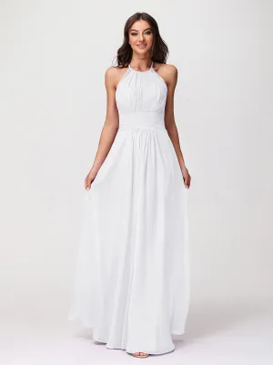 Halter Chiffon Long Gown With Lace Strap White