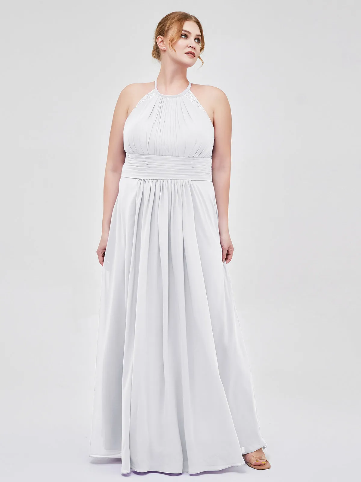 Halter Chiffon Long Gown With Lace Strap White