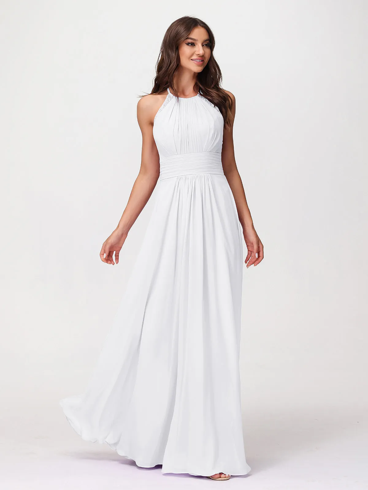 Halter Chiffon Long Gown With Lace Strap White