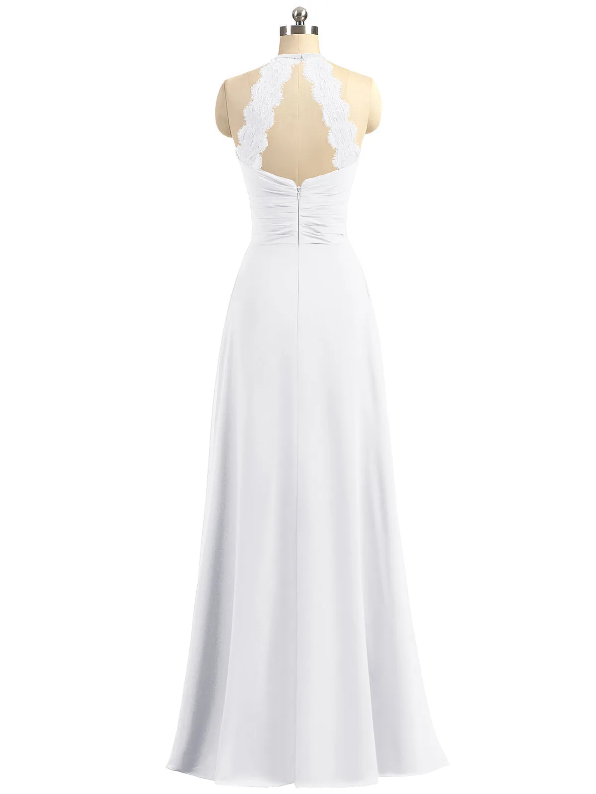Halter Chiffon Long Gown With Lace Strap White