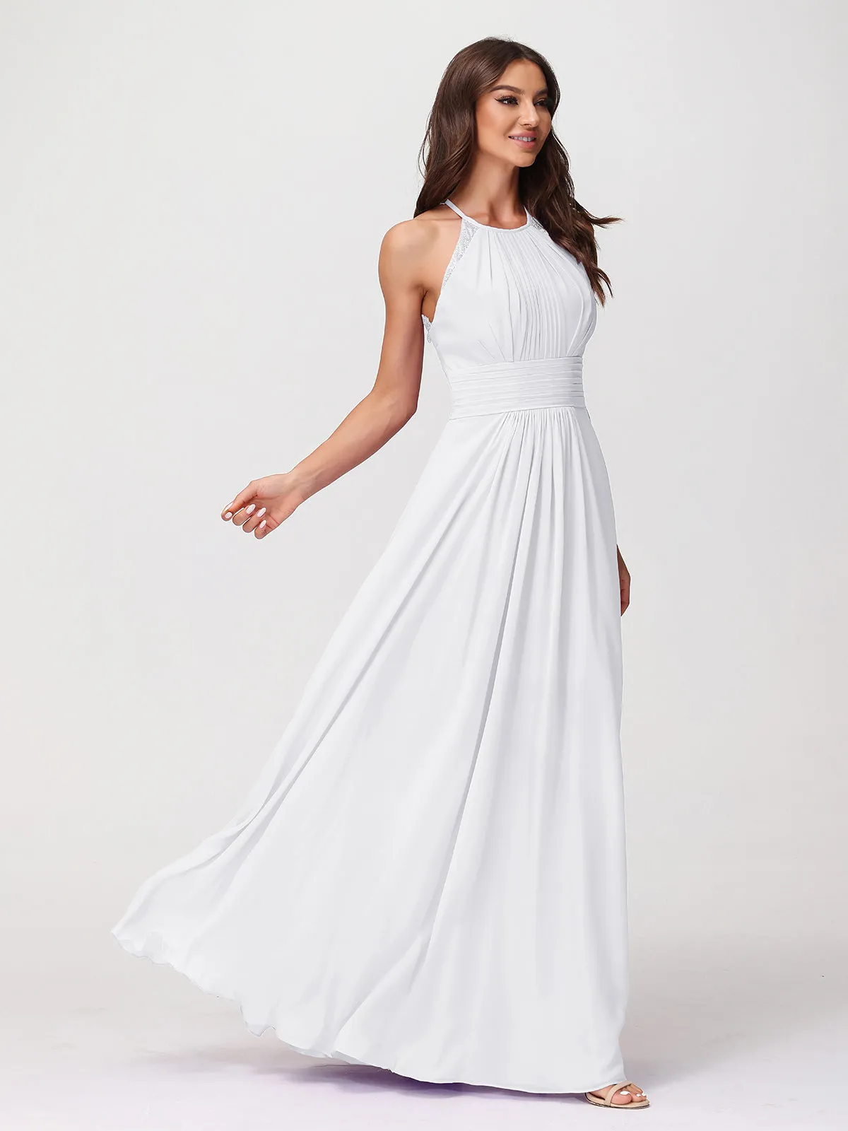 Halter Chiffon Long Gown With Lace Strap White
