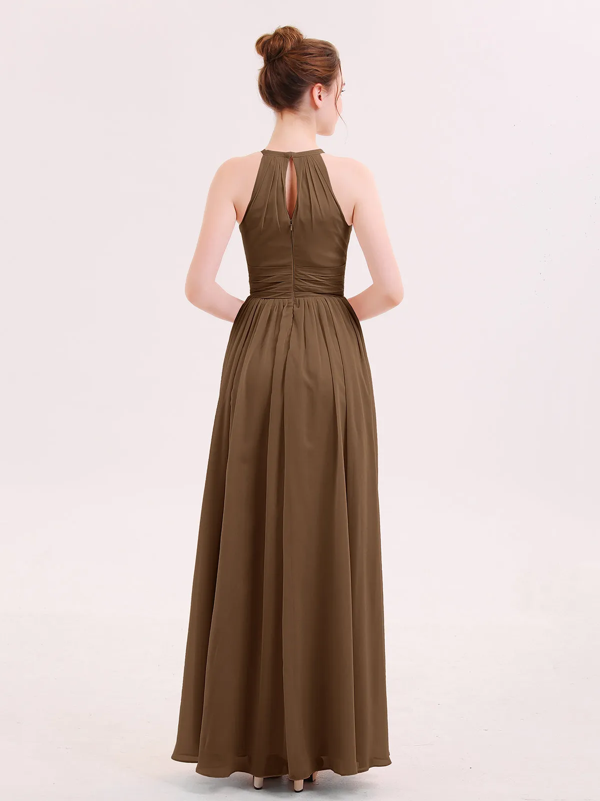 Halter Long Chiffon Dress of Bridesmaids Brown Plus Size