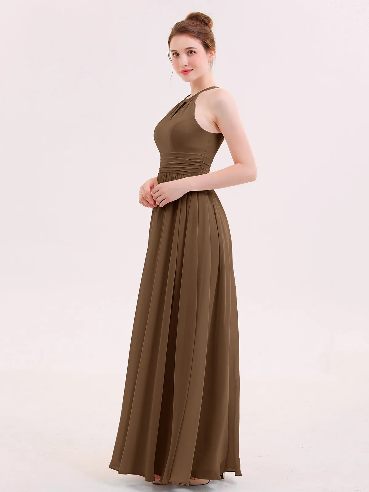 Halter Long Chiffon Dress of Bridesmaids Brown Plus Size