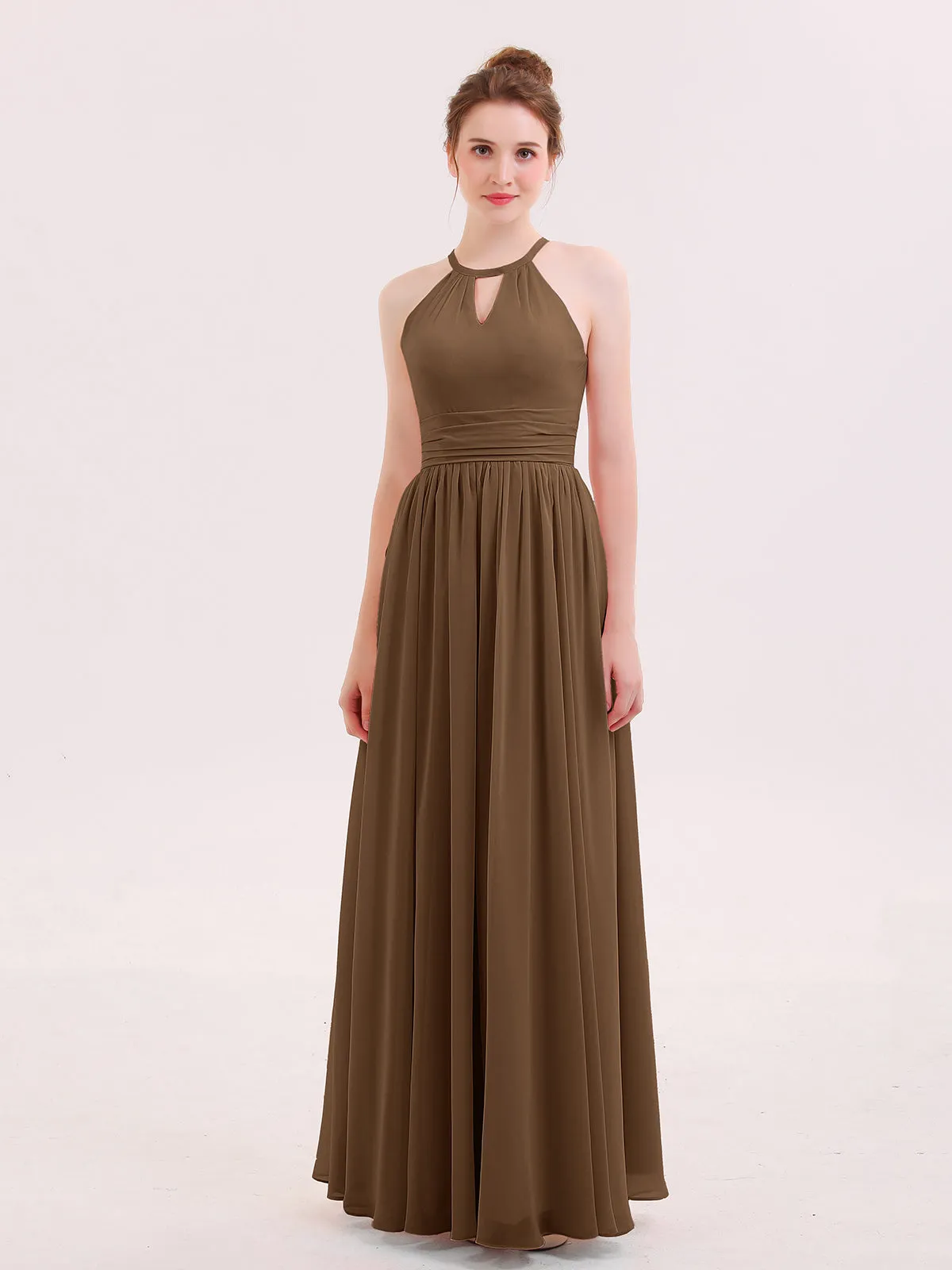 Halter Long Chiffon Dress of Bridesmaids Brown Plus Size