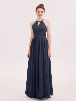Halter Long Chiffon Dress of Bridesmaids Dark Navy Plus Size