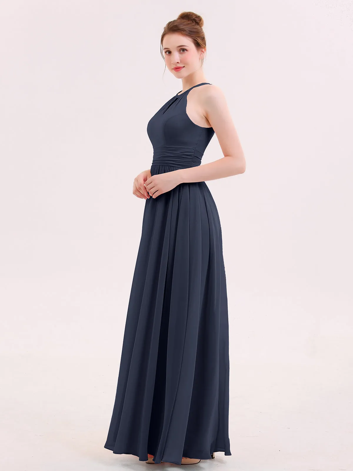 Halter Long Chiffon Dress of Bridesmaids Dark Navy Plus Size
