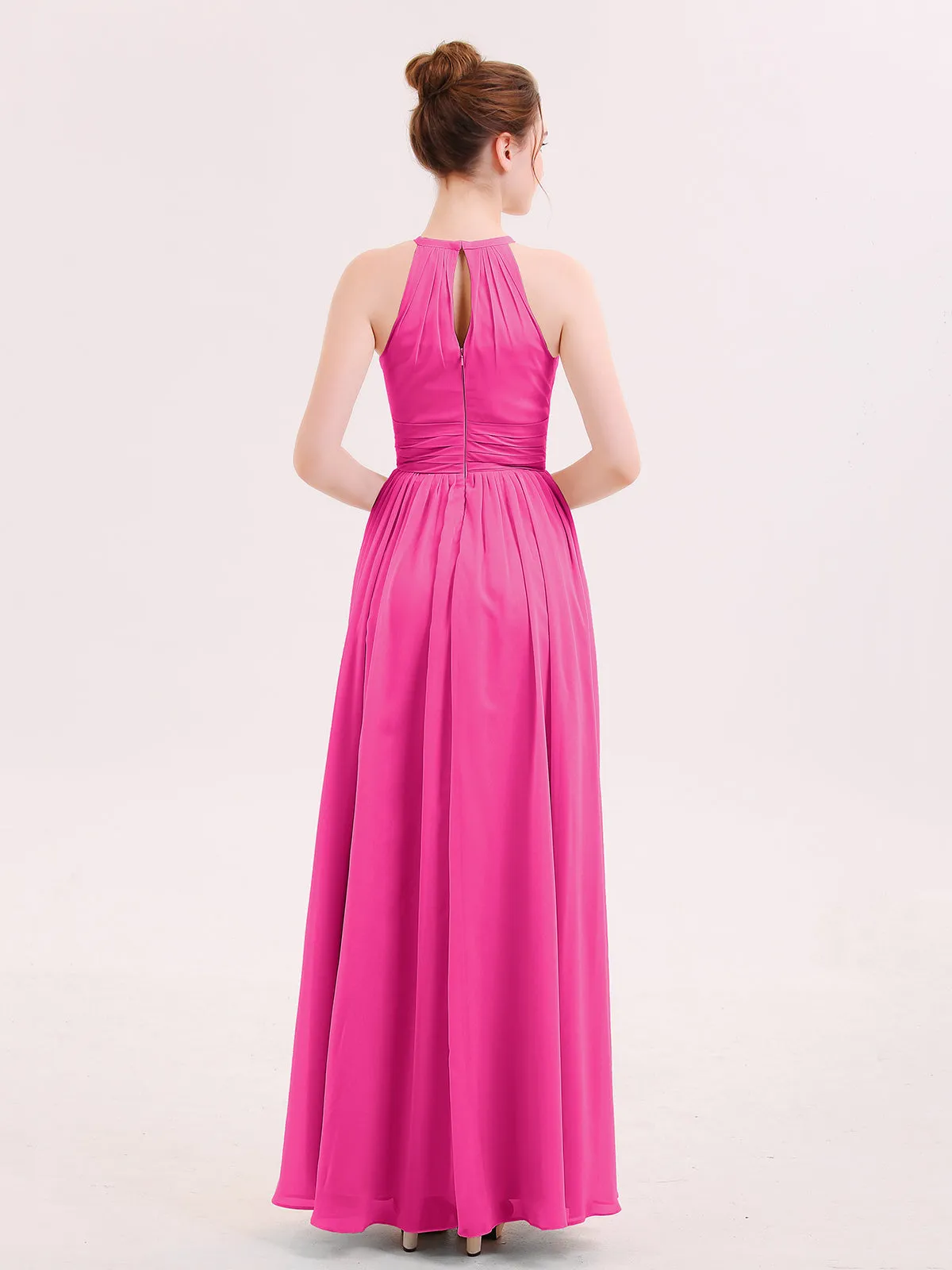 Halter Long Chiffon Dress of Bridesmaids Fuchsia