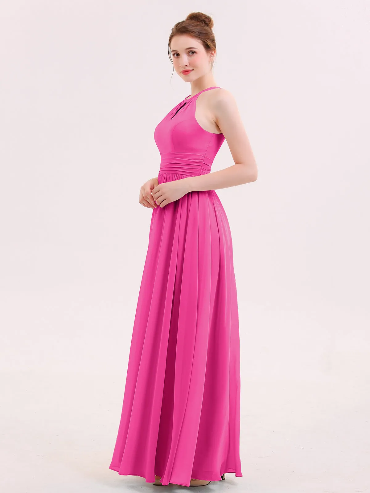 Halter Long Chiffon Dress of Bridesmaids Fuchsia