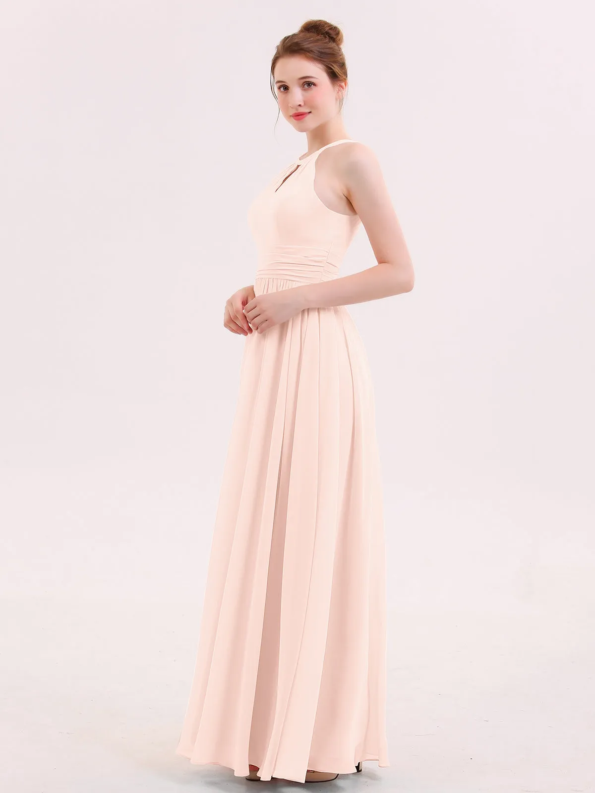 Halter Long Chiffon Dress of Bridesmaids Pearl Pink