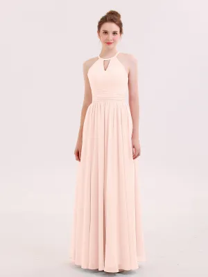 Halter Long Chiffon Dress of Bridesmaids Pearl Pink