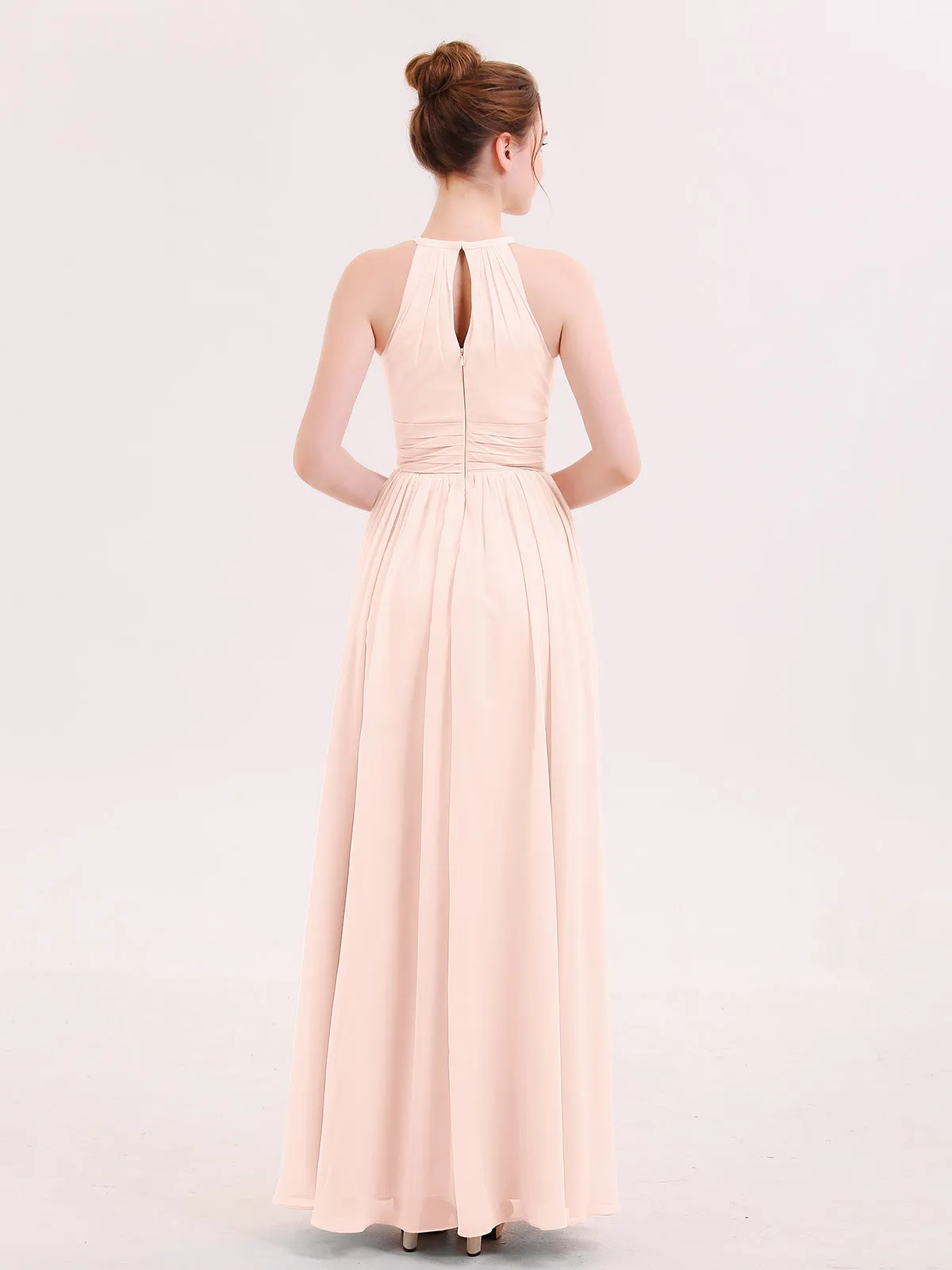 Halter Long Chiffon Dress of Bridesmaids Pearl Pink