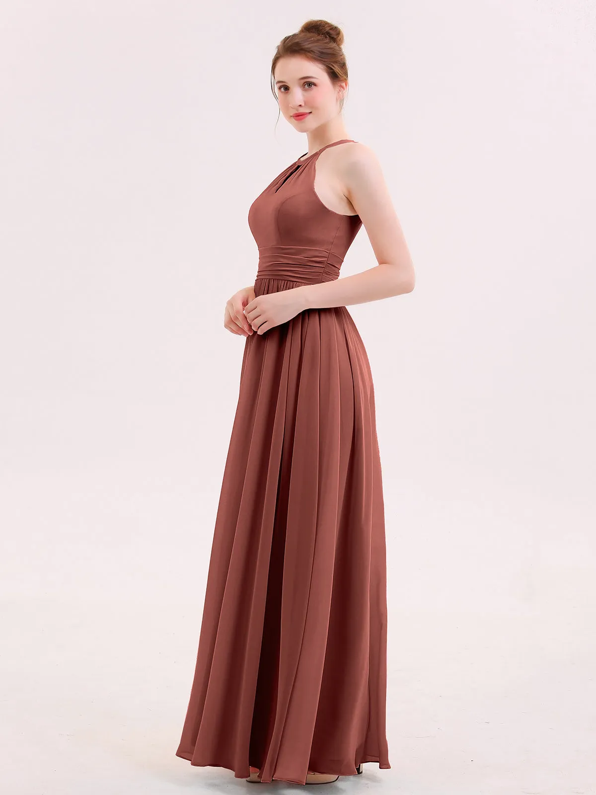 Halter Long Chiffon Dress of Bridesmaids Terracotta Plus Size