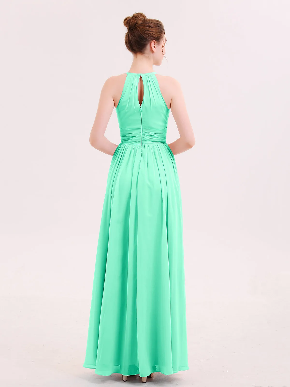 Halter Long Chiffon Dress of Bridesmaids Turquoise Plus Size