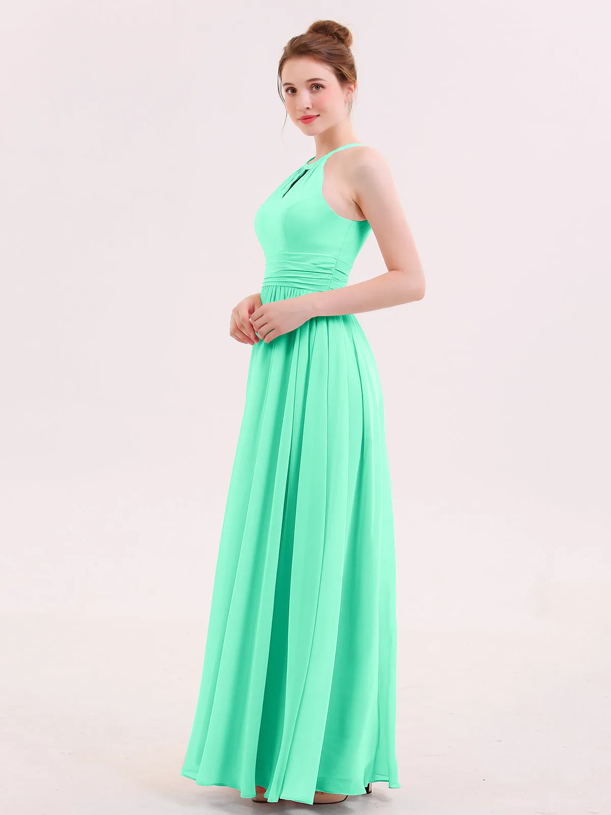 Halter Long Chiffon Dress of Bridesmaids Turquoise Plus Size