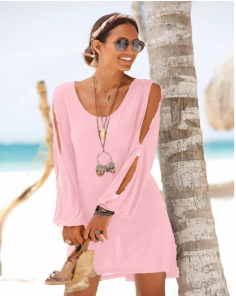Hollow Out Lantern Sleeve O Neck Loose Straight Mini Dress