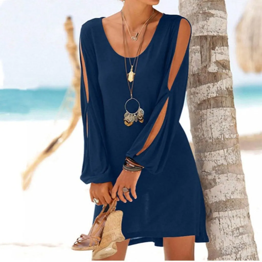 Hollow Out Lantern Sleeve O Neck Loose Straight Mini Dress