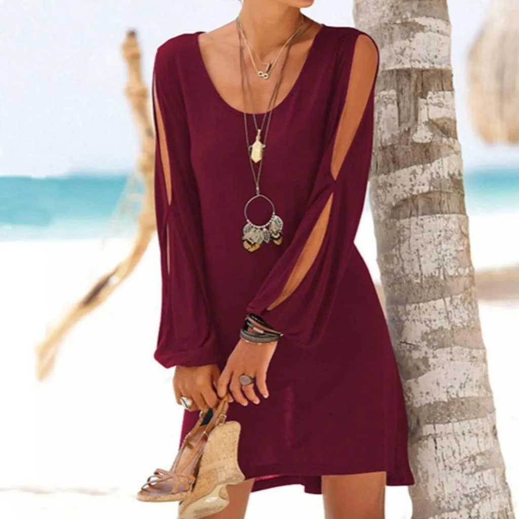 Hollow Out Lantern Sleeve O Neck Loose Straight Mini Dress