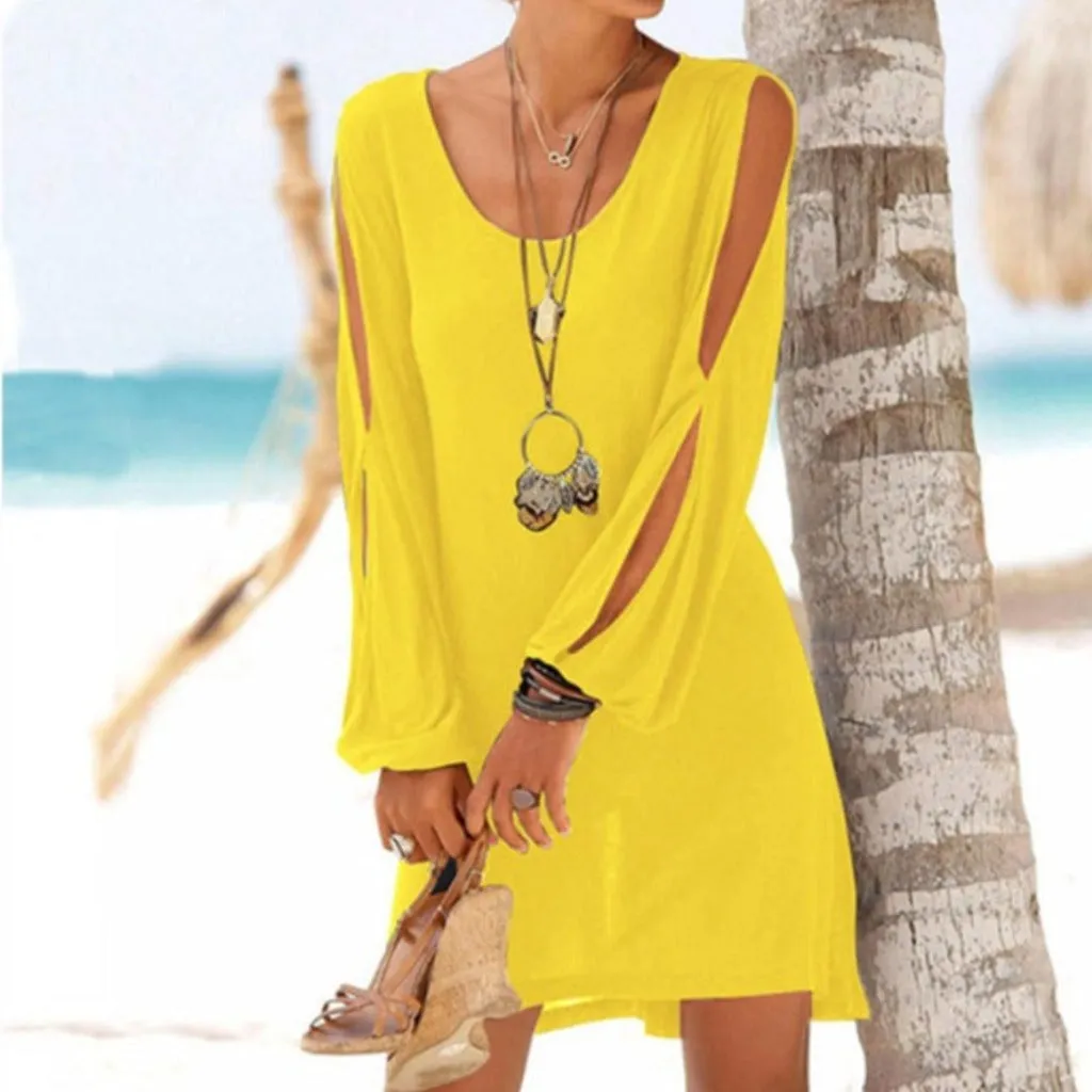 Hollow Out Lantern Sleeve O Neck Loose Straight Mini Dress
