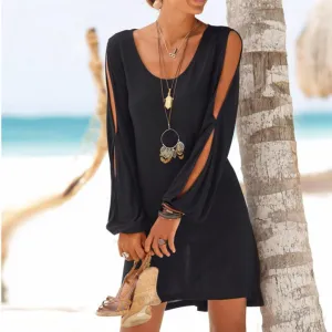 Hollow Out Lantern Sleeve O Neck Loose Straight Mini Dress
