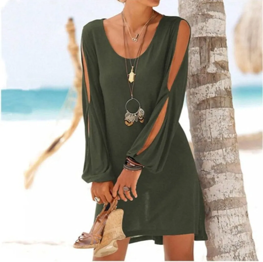 Hollow Out Lantern Sleeve O Neck Loose Straight Mini Dress